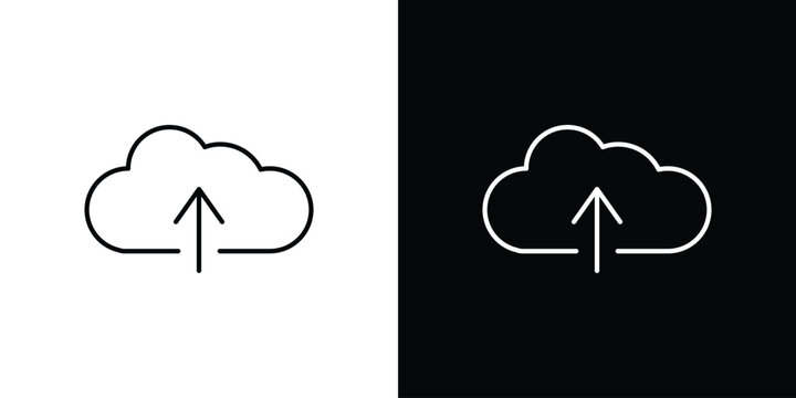 Cloud upload icon outline set in black and white. thin line style.