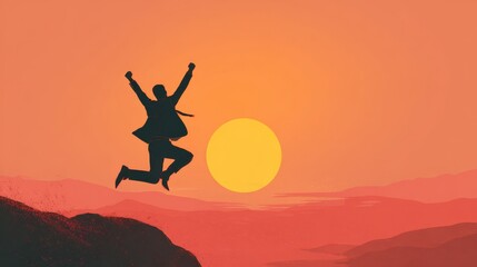 Thrilled young entrepreneur celebrating success at mountain summit with arms raised in victory