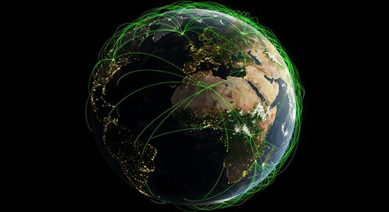 Glowing globe with interconnected green lines, representing worldwide communication and networks