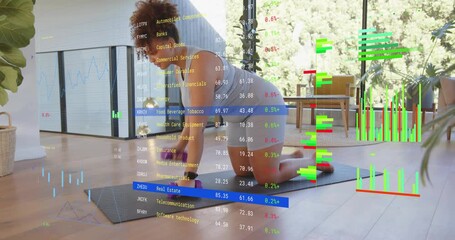 Woman reaching purple weights on mat, doing arm pulses for strength while finance charts shifting - Powered by Adobe