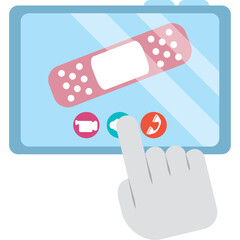 Digital Tablet Screen Shows Bandage and Communication Icons with Finger Touching Screen Offering Medical Help or Online Consultation Service