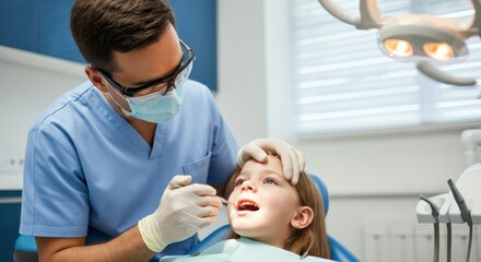 Dentist examines a young patient during a calm dental checkup session today
