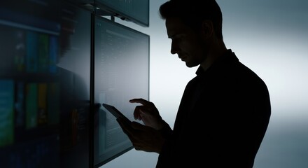 Man using a tablet beside illuminated screens in a dark modern office environment