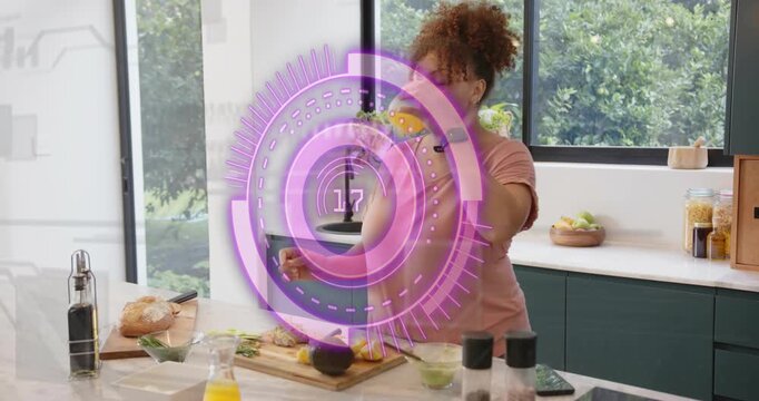 Woman cooking in kitchen, tapping phone and making purple HUD updating numbers while mixing guac