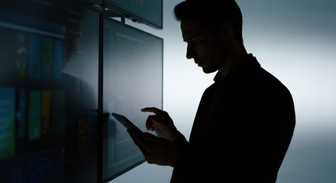 Man using a tablet beside illuminated screens in a dark modern office environment