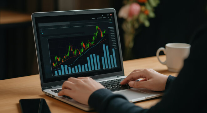 Trader monitors market trends on a laptop with rising chart lines and data
