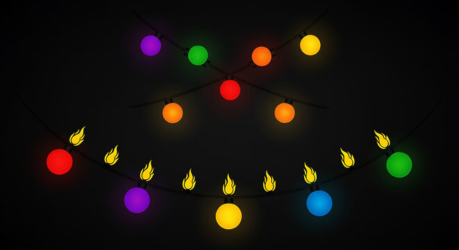 Colorful string lights with flame accents on black background image