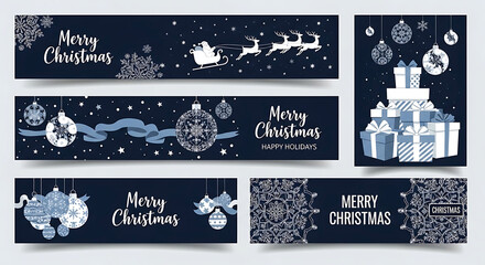 Merry Christmas banners with snowflakes ornaments and Santa sleigh holiday greeting