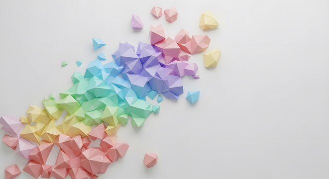 Pastel Rainbow Color Flow of Scattered Geometric Low-Poly Shapes on White Background