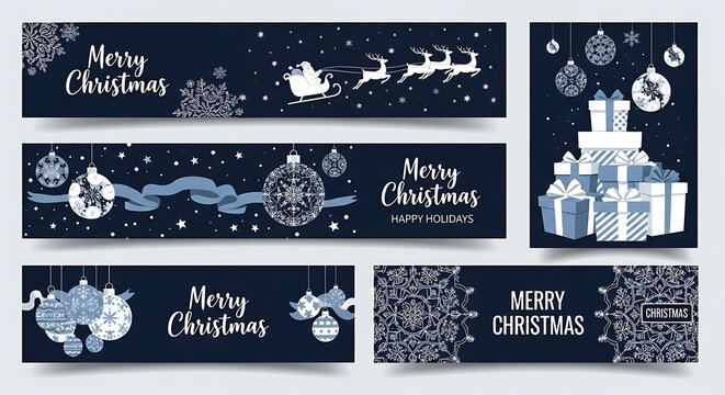 Merry Christmas banners with snowflakes ornaments and Santa sleigh holiday greeting