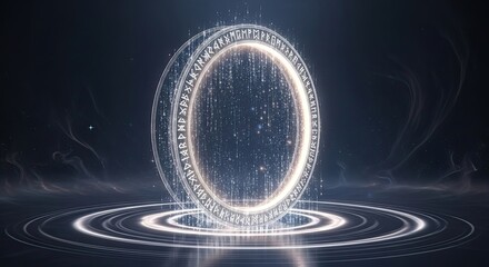 Futuristic Digital Portal with Glowing Rings and Data Stream.