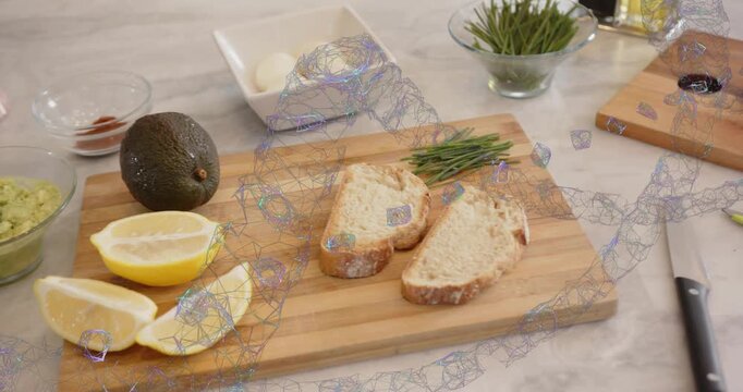 Counter scene camera starting pan, ingredients shifting, loaf slicing, staging avocado egg toast