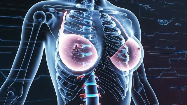 3D Rendering Of Female Thorax Anatomy With Rib Cage And Mammary Glands Glowing Pink Against Dark Digital Background