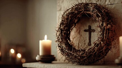 Crown of Thorns with Wooden Cross and Candles Religious Easter Concept

