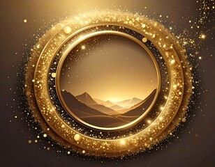 Glowing gold frame surrounds a mountain scene with light and sparkles