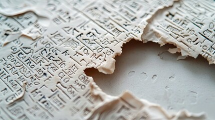A close-up, detailed view of a torn fragment of ancient papyrus covered in hieroglyphic text. The texture of the papyrus and the carved symbols are clearly visi