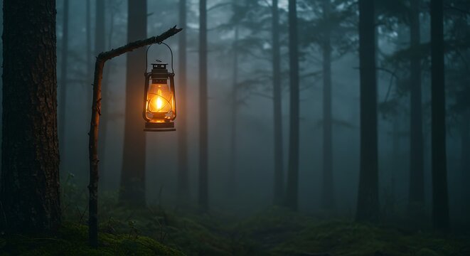 Glowing lantern illuminates a foggy path in a deep, mysterious forest at dusk