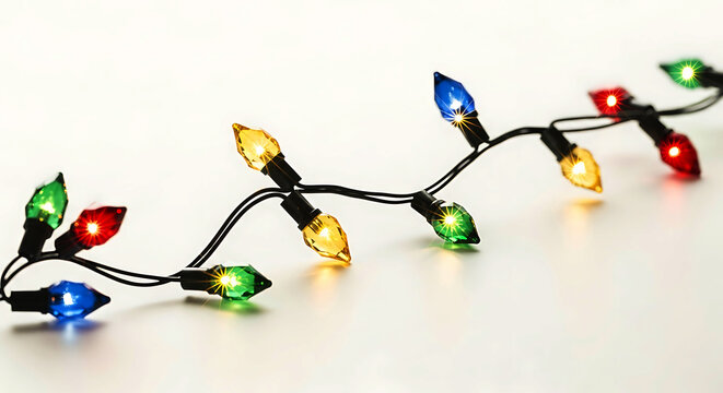 String of colorful faceted Christmas lights on white background holiday decoration 2