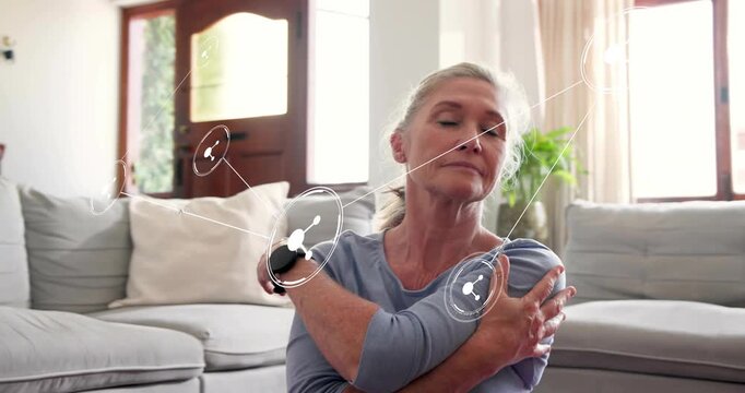 Woman initiating shoulder routine by wrapping arms and stretching for health, nodes tracking motion