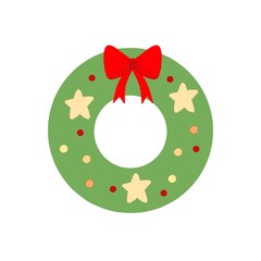 Cute Christmas Wreath Illustration with Red Bow and Stars