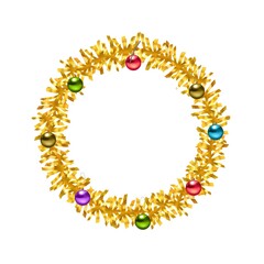 Golden Christmas Tinsel Wreath with Colorful Ornaments