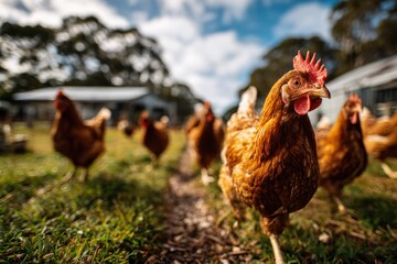Free-Range Chickens foraging in the Grass on a Farm