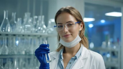 Female scientist smiles, holding a test tube in laboratory - Powered by Adobe
