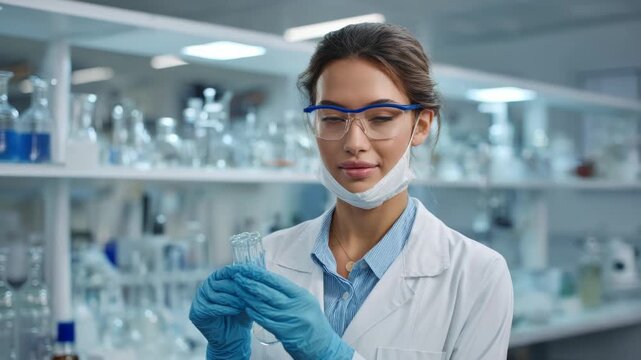 Female scientist with glassware in laboratory doing experiment