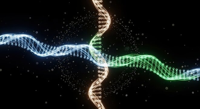 Glowing DNA strands intertwine in a dark, abstract genetic research background.