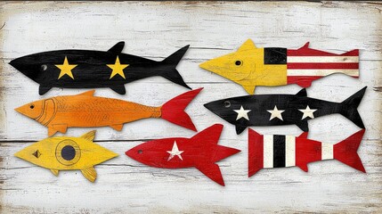 A collection of seven decorative wooden fish, painted in various colors and patterns including stars and stripes, arranged on a weathered white wooden surface.