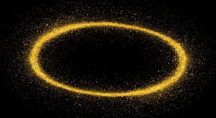 Glowing gold oval shape, speckled with tiny light particles, against a stark, black background