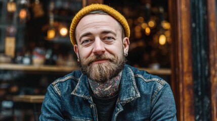 Obraz premium Smiling Man with Yellow Beanie and Beard in Cozy Cafe Setting