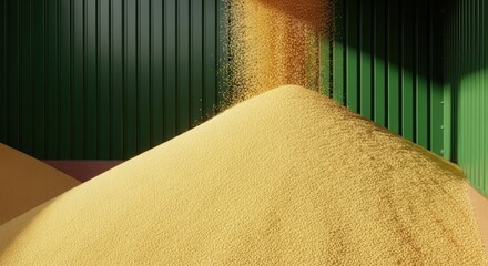 A pile of yellow grain is falling from a silo