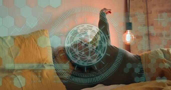 Mature woman rubbing head, waking, stretching up then sitting, HUD hexagons aiding posture health