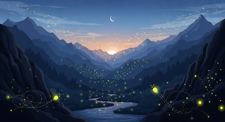 Enchanting twilight over a majestic mountain valley illuminated by a sky full of stars and a river flowing through glowing firefly light