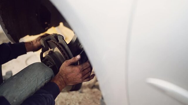 Male technician fixing car undercarriage system with tools in garage workshop, focus on vehicle suspension parts.