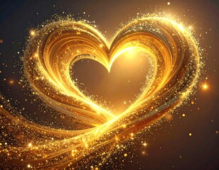 Glowing gold heart shape formed with sparkling particles. Beautifully illuminated and radiant