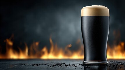 Cold Glass of Dark Beer with Foamy Head Against Flame Background