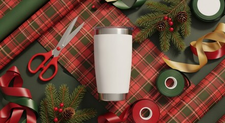 Festive Holiday Tumbler Mockup with Wrapping Supplies.