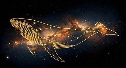 Glowing gold whale constellation gracefully swims through a vibrant nebula filled cosmos