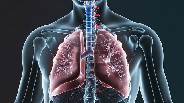 Anatomical 3D Animation of Human Lungs and Respiratory System with Glowing Trachea and Bronchi on Dark Textured Background