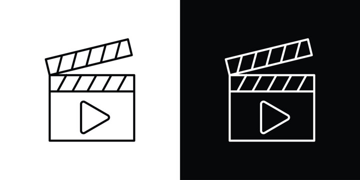 Film clapperboard icon outline set in black and white. thin line style.