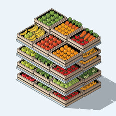 Isometric vector illustration of fresh produce in wooden crates stacked on a pallet.