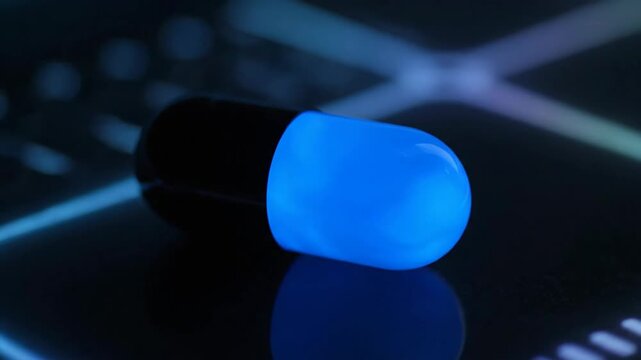 Glowing blue capsule resting on reflective surface abstract healthcare concept