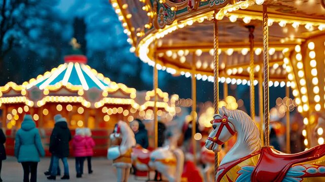 Whirling carousel at dusk: captivating lights and lively amusement park atmosphere