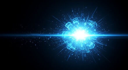 Glowing sphere bursting with radiant energy and light rays against a dark background