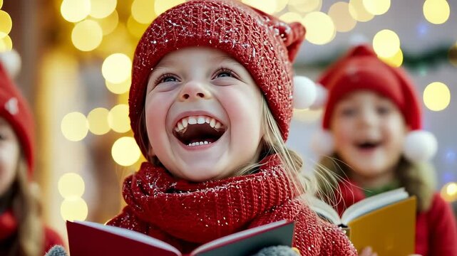 Joyful children singing christmas carols outdoors amid festive lights