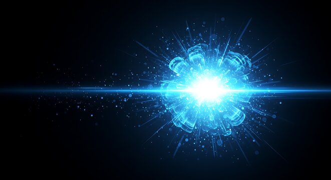 Glowing sphere bursting with radiant energy and light rays against a dark background