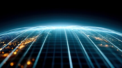 A digital representation of the Earth at night, with glowing city lights and a grid of blue light lines connecting across the surface, suggesting a global netwo