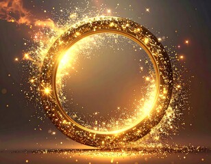 Glowing gold ring with shimmering particles and light effects against a dark background